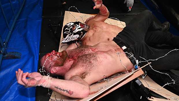 A bloody Jon Moxley during a deathmatch